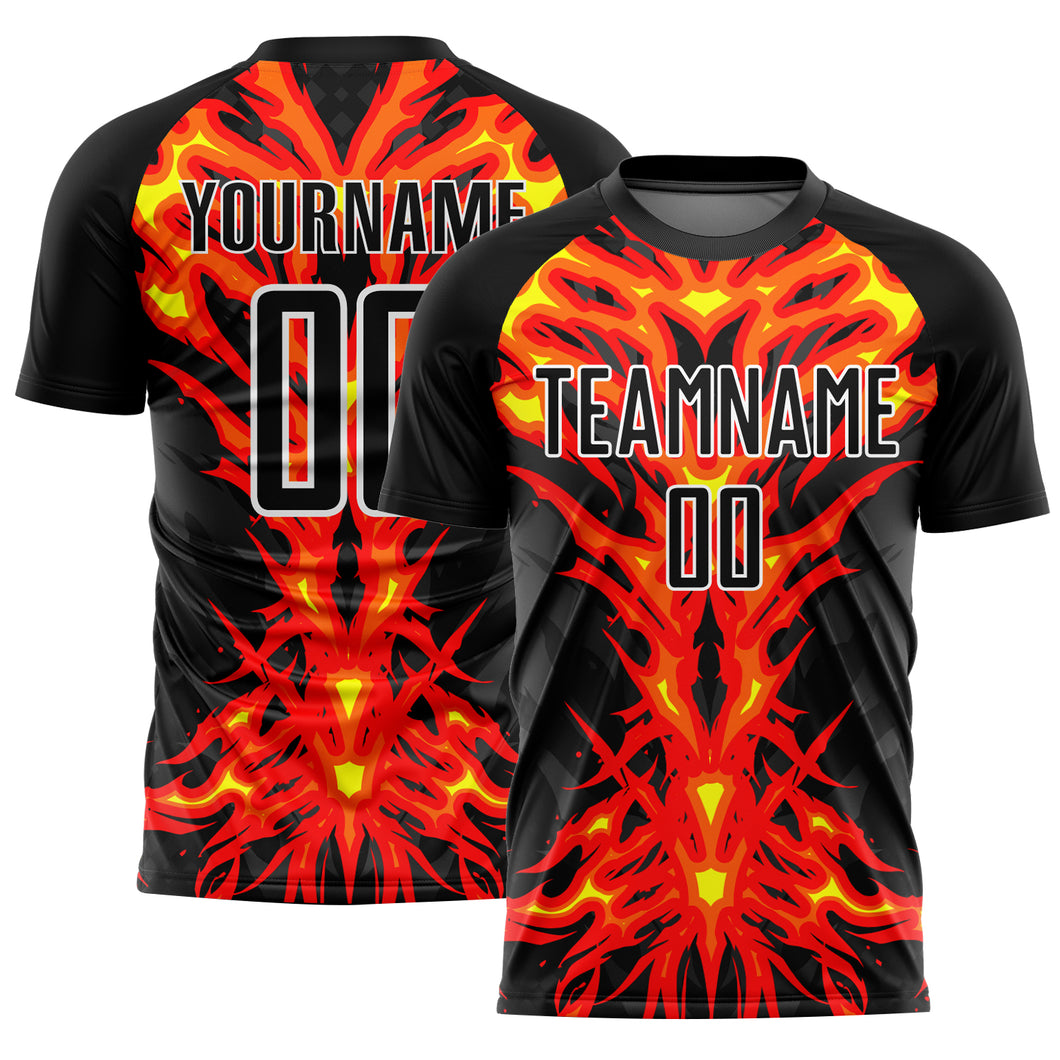 Custom Black Red-White Flame Sublimation Soccer Uniform Jersey