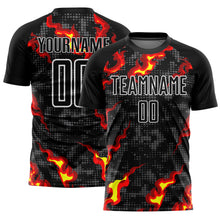 Load image into Gallery viewer, Custom Black Gray Red-Gold Flame Sublimation Soccer Uniform Jersey
