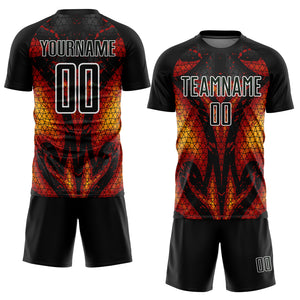 Custom Black Red-Gold Flame Sublimation Soccer Uniform Jersey