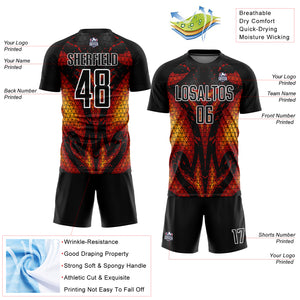 Custom Black Red-Gold Flame Sublimation Soccer Uniform Jersey