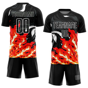 Custom Black Red-Orange Flame Sublimation Soccer Uniform Jersey