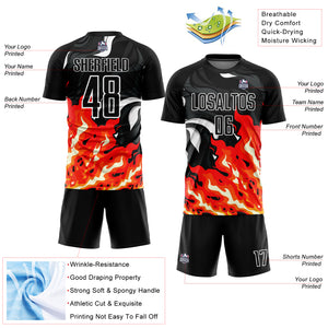 Custom Black Red-Orange Flame Sublimation Soccer Uniform Jersey