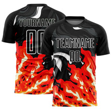 Load image into Gallery viewer, Custom Black Red-Orange Flame Sublimation Soccer Uniform Jersey
