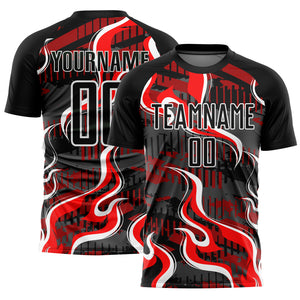 Custom Black Red-White Flame Sublimation Soccer Uniform Jersey