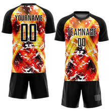 Load image into Gallery viewer, Custom Black Yellow-Red Flame Sublimation Soccer Uniform Jersey
