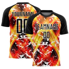 Load image into Gallery viewer, Custom Black Yellow-Red Flame Sublimation Soccer Uniform Jersey
