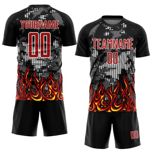 Custom Black Red Gold-Gray Flame Sublimation Soccer Uniform Jersey