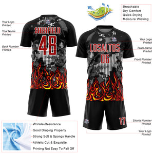 Custom Black Red Gold-Gray Flame Sublimation Soccer Uniform Jersey