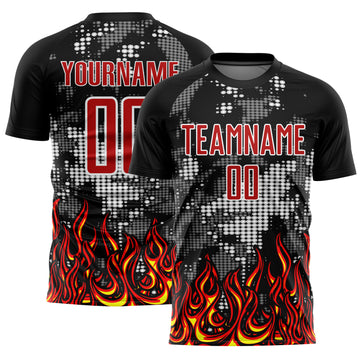 Custom Black Red Gold-Gray Flame Sublimation Soccer Uniform Jersey