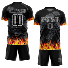 Load image into Gallery viewer, Custom Black Red-Gold Flame Sublimation Soccer Uniform Jersey
