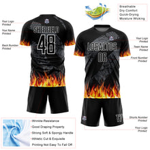 Load image into Gallery viewer, Custom Black Red-Gold Flame Sublimation Soccer Uniform Jersey
