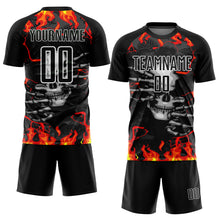 Laden Sie das Bild in den Galerie-Viewer, Custom Black Red-Gold Skull Flame Sublimation Soccer Uniform Jersey
