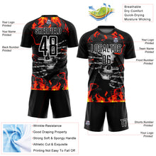 Laden Sie das Bild in den Galerie-Viewer, Custom Black Red-Gold Skull Flame Sublimation Soccer Uniform Jersey
