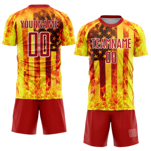 Custom Light Yellow Red-White American Flag Flame Sublimation Soccer Uniform Jersey