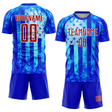 Charger l&#39;image dans la galerie, Custom Thunder Blue Red-White American Flag Flame Sublimation Soccer Uniform Jersey
