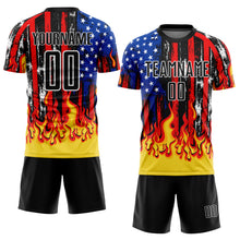 Charger l&#39;image dans la galerie, Custom Black Red Royal-Gold American Flag Flame Sublimation Soccer Uniform Jersey
