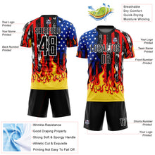 Charger l&#39;image dans la galerie, Custom Black Red Royal-Gold American Flag Flame Sublimation Soccer Uniform Jersey
