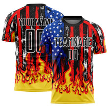 Charger l&#39;image dans la galerie, Custom Black Red Royal-Gold American Flag Flame Sublimation Soccer Uniform Jersey
