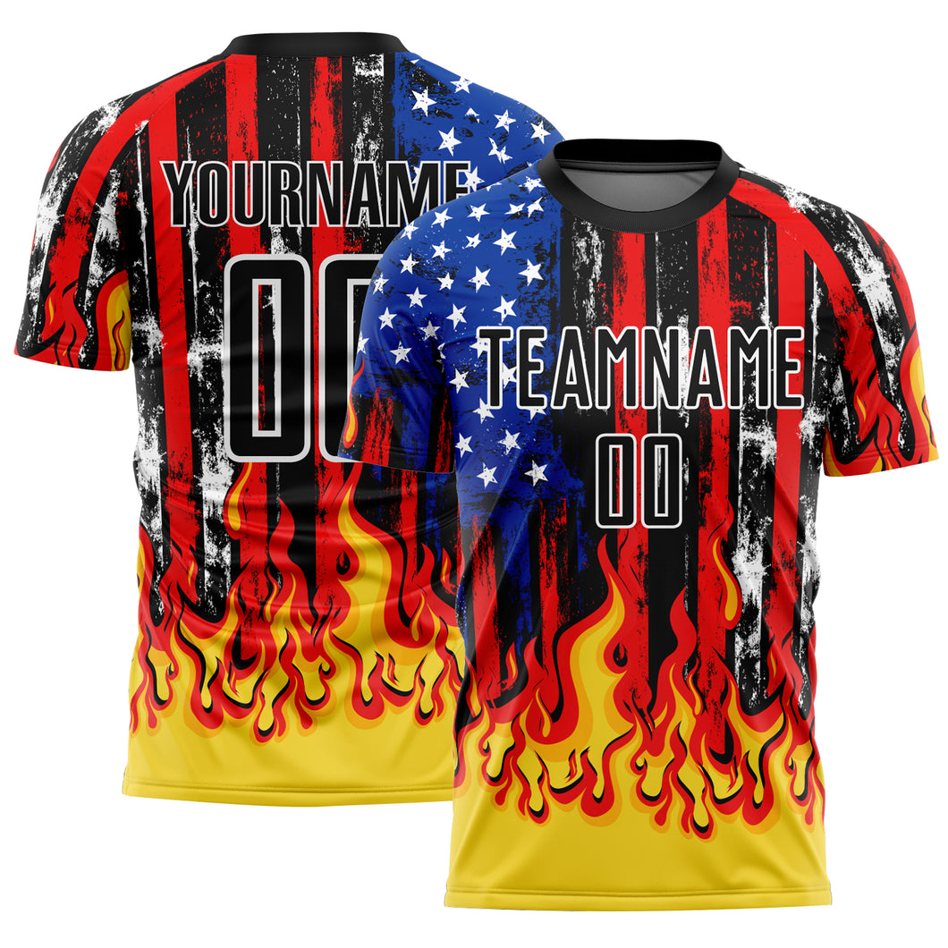 Custom Black Red Royal-Gold American Flag Flame Sublimation Soccer Uniform Jersey