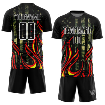 Custom Camo Black Red-Gold Flame Sublimation Salute To Service Soccer Uniform Jersey