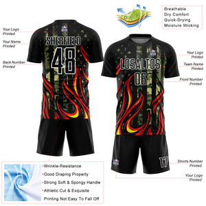 Custom Camo Black Red-Gold Flame Sublimation Salute To Service Soccer Uniform Jersey