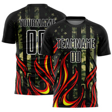 Charger l&#39;image dans la galerie, Custom Camo Black Red-Gold Flame Sublimation Salute To Service Soccer Uniform Jersey
