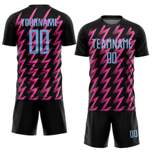 Load image into Gallery viewer, Custom Black Light Blue-Pink Zigzag Shape Sublimation Soccer Uniform Jersey
