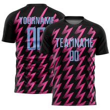 Load image into Gallery viewer, Custom Black Light Blue-Pink Zigzag Shape Sublimation Soccer Uniform Jersey
