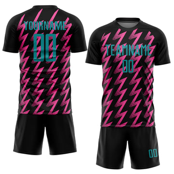 Custom Black Teal-Pink Zigzag Shape Sublimation Soccer Uniform Jersey