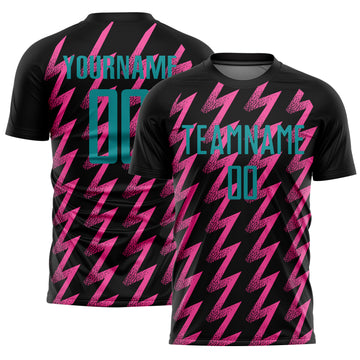 Custom Black Teal-Pink Zigzag Shape Sublimation Soccer Uniform Jersey