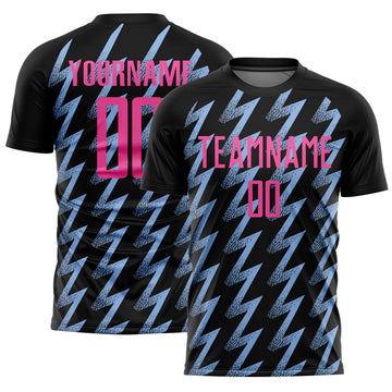 Custom Black Pink-Light Blue Zigzag Shape Sublimation Soccer Uniform Jersey