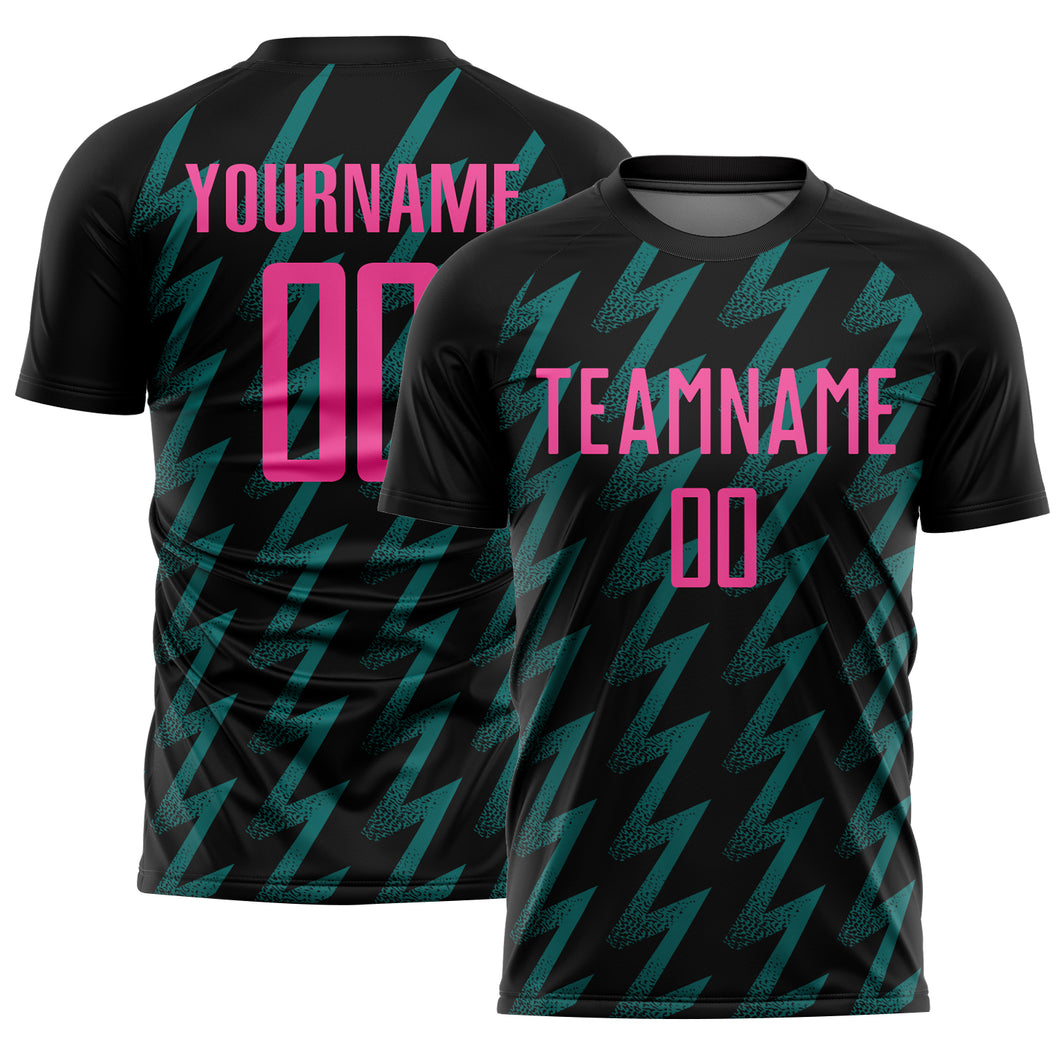 Custom Black Pink-Teal Zigzag Shape Sublimation Soccer Uniform Jersey