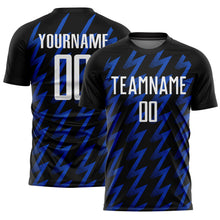 Laden Sie das Bild in den Galerie-Viewer, Custom Black White-Thunder Blue Zigzag Shape Sublimation Soccer Uniform Jersey
