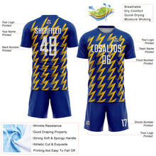 Laden Sie das Bild in den Galerie-Viewer, Custom Royal White-Yellow Zigzag Shape Sublimation Soccer Uniform Jersey
