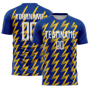 Custom Royal White-Yellow Zigzag Shape Sublimation Soccer Uniform Jersey