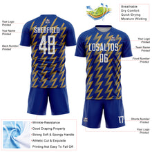 Load image into Gallery viewer, Custom Royal White-Old Gold Zigzag Shape Sublimation Soccer Uniform Jersey
