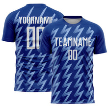 Laden Sie das Bild in den Galerie-Viewer, Custom Royal White-Light Blue Zigzag Shape Sublimation Soccer Uniform Jersey
