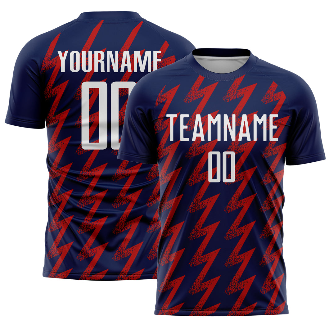 Custom Navy White-Red Zigzag Shape Sublimation Soccer Uniform Jersey