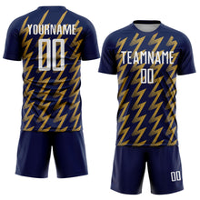 Charger l&#39;image dans la galerie, Custom Navy White-Old Gold Zigzag Shape Sublimation Soccer Uniform Jersey
