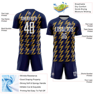 Custom Navy White-Old Gold Zigzag Shape Sublimation Soccer Uniform Jersey