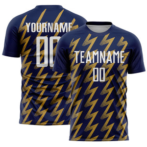 Custom Navy White-Old Gold Zigzag Shape Sublimation Soccer Uniform Jersey