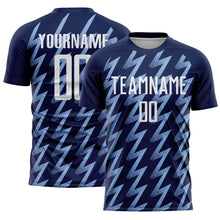 Charger l&#39;image dans la galerie, Custom Navy White-Light Blue Zigzag Shape Sublimation Soccer Uniform Jersey
