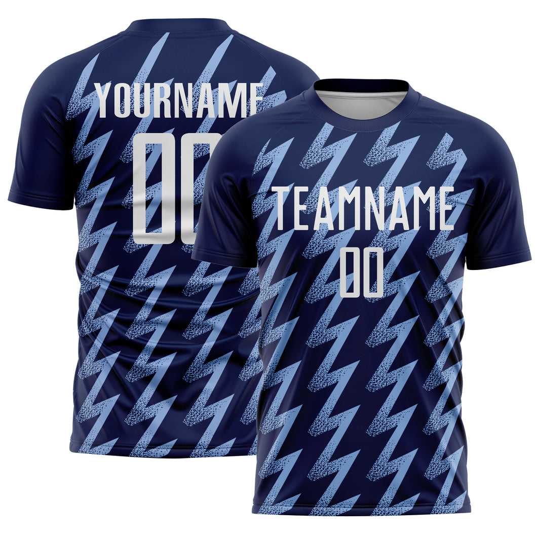 Custom Navy White-Light Blue Zigzag Shape Sublimation Soccer Uniform Jersey