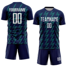 Charger l&#39;image dans la galerie, Custom Navy White-Teal Zigzag Shape Sublimation Soccer Uniform Jersey
