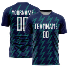 Charger l&#39;image dans la galerie, Custom Navy White-Teal Zigzag Shape Sublimation Soccer Uniform Jersey
