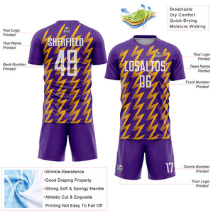 Custom Purple White-Gold Zigzag Shape Sublimation Soccer Uniform Jersey