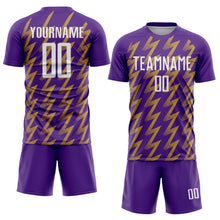 Charger l&#39;image dans la galerie, Custom Purple White-Old Gold Zigzag Shape Sublimation Soccer Uniform Jersey
