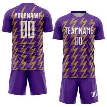 Custom Purple White-Old Gold Zigzag Shape Sublimation Soccer Uniform Jersey