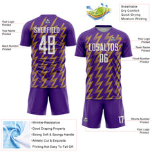 Charger l&#39;image dans la galerie, Custom Purple White-Old Gold Zigzag Shape Sublimation Soccer Uniform Jersey
