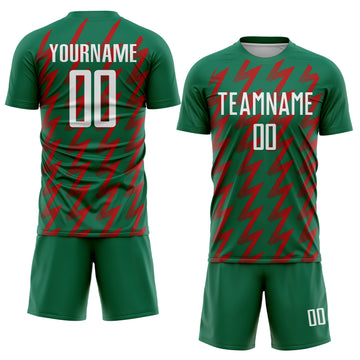 Custom Kelly Green White-Red Zigzag Shape Sublimation Soccer Uniform Jersey